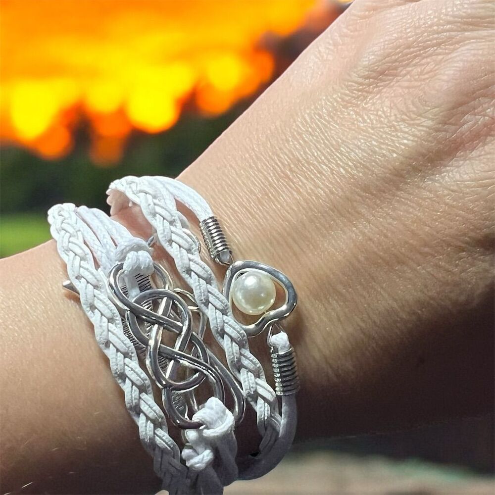 French-Themed Faux Leather Bracelet w/ Silver Charms & Pearl - White Adj… - Picture 3 of 8